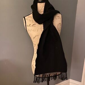 Cashmere scarf solid black 58x11.5” fringe classic elegant warm made in Scotland